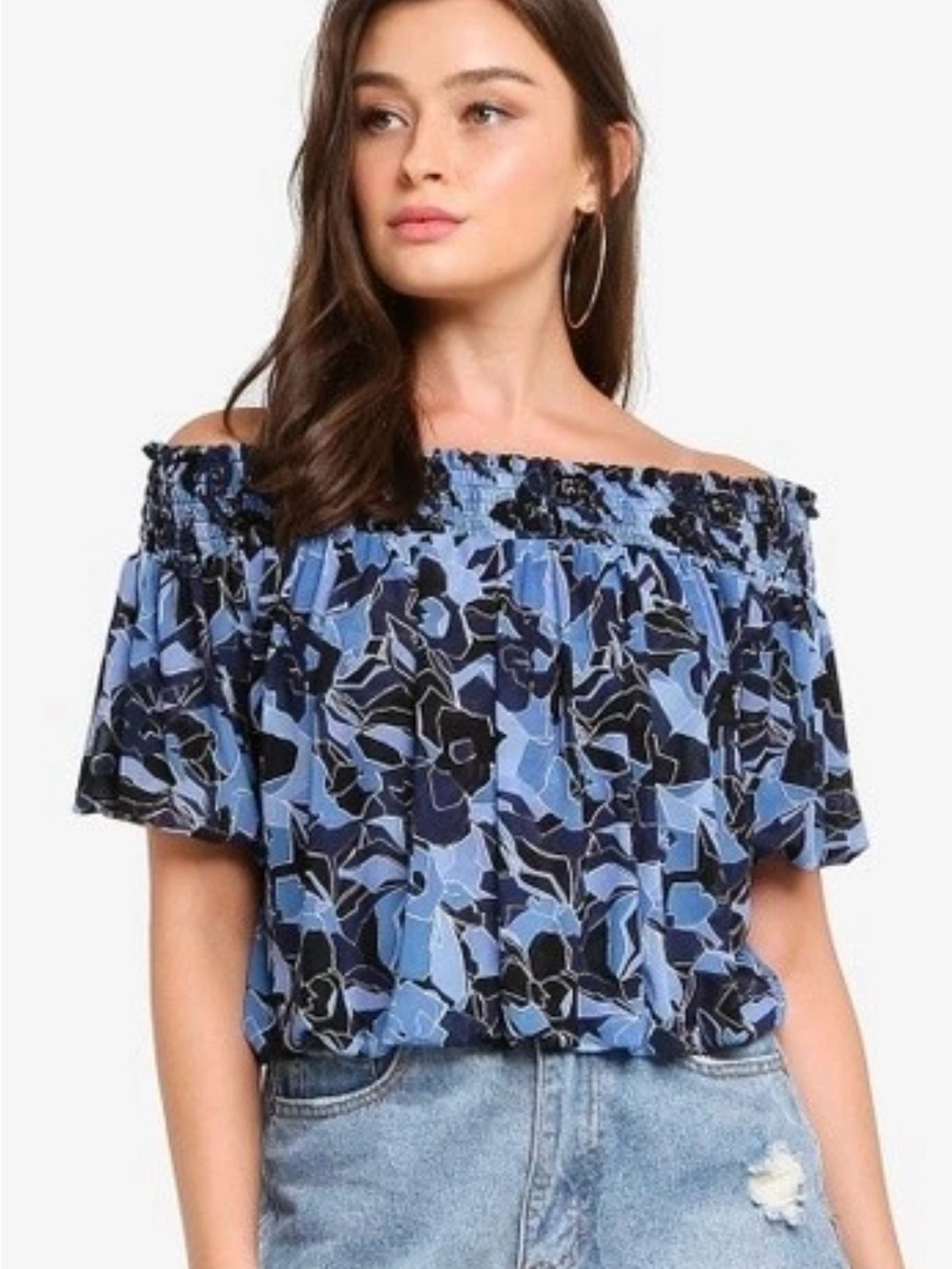 Free People Technicolor Bubble Top Blue Floral Off Shoulder Smocked Top Sm